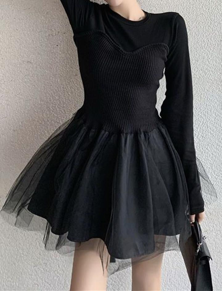 Elegant Long-sleeved Mesh A-line Little Black Dress