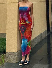 Tie Dye Print Strapless Bodycon Maxi Dress For