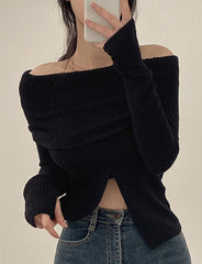 Solid Color Off Shoulder Ribbed Knit Top