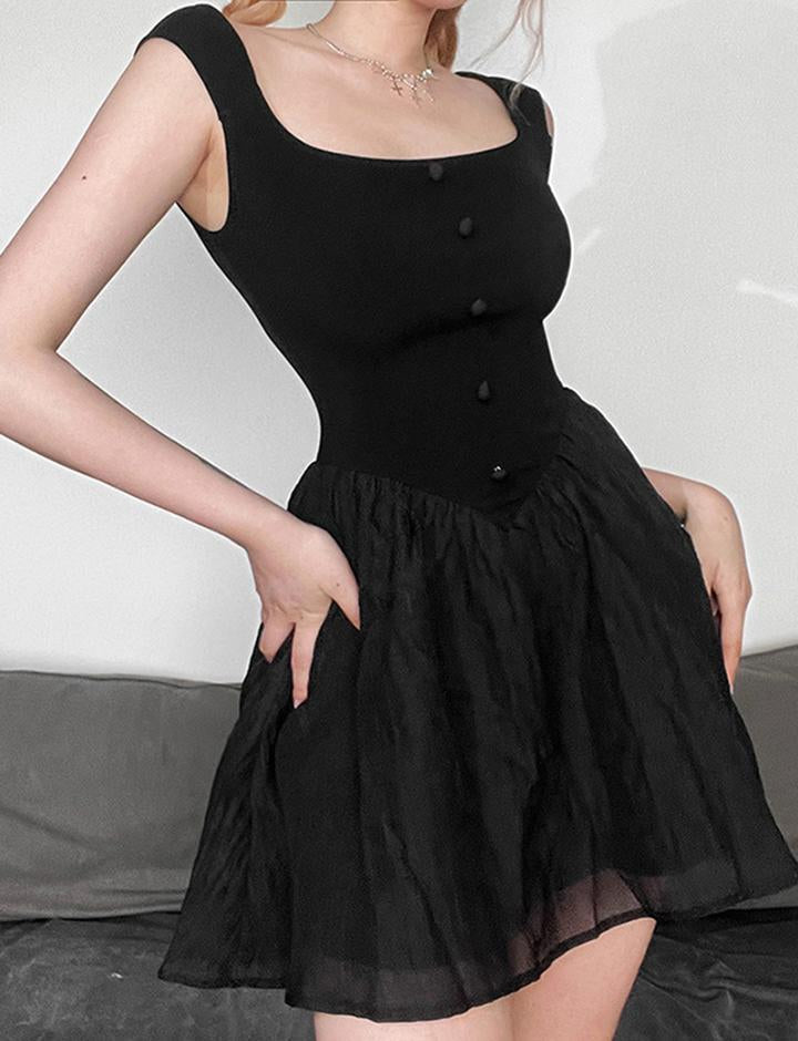 Black Square Neck Tiered Hem Corset Mini Dress