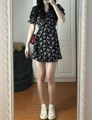 Black Sweet Desire Floral Puff Sleeve Waist Design Dress