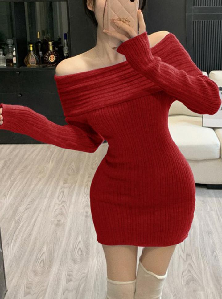 One-shoulder   Slim Long-sleeved Knitted Dress