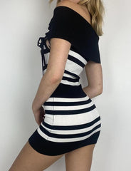 Black and White Striped Off-Shoulder Slim Tie Dress