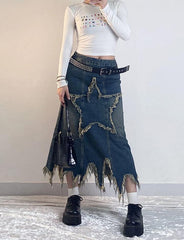 Star Patchwork Frayed Trim Faded Denim Skirt