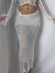 Crochet Set Hollow Shiny Sequin Knitted Sweater Bandage Tube Top Four-Piece Set