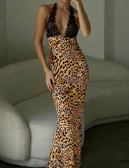 Leopard Lace Low Cut Summer Long Dress with Straps