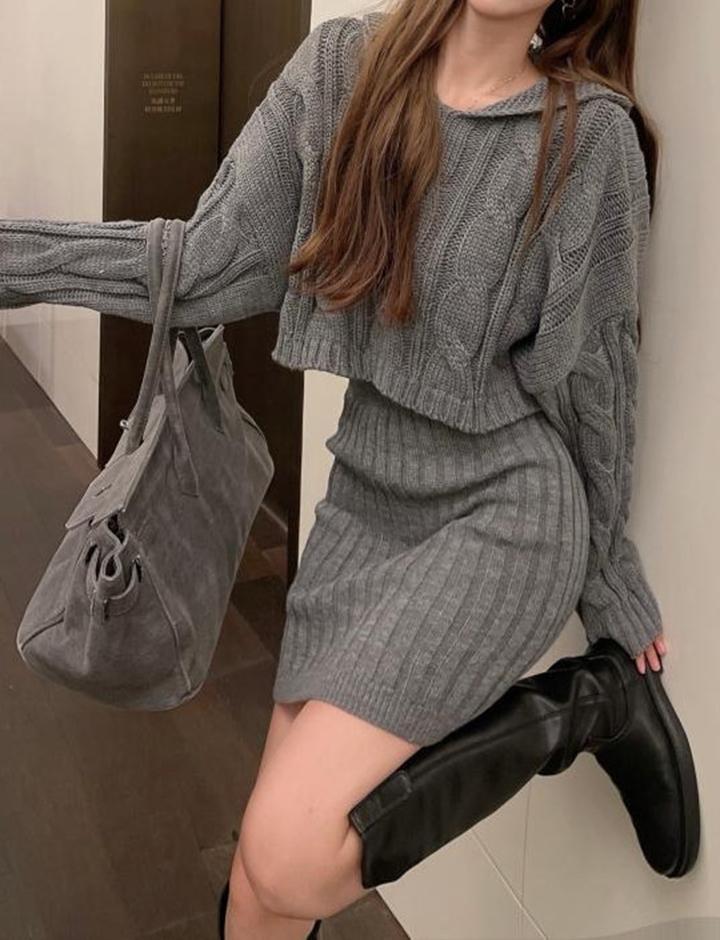 Hooded Knit Twist High Waist Skirt Set