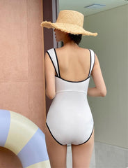 Contrast Color Striped Trim One Piece Swimsuit