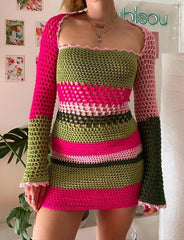 Crochet Striped Colorblock Bodycon Short Dress