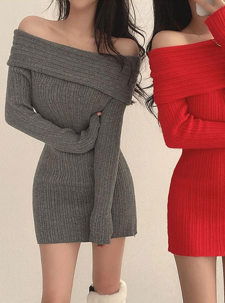 One-shoulder   Slim Long-sleeved Knitted Dress