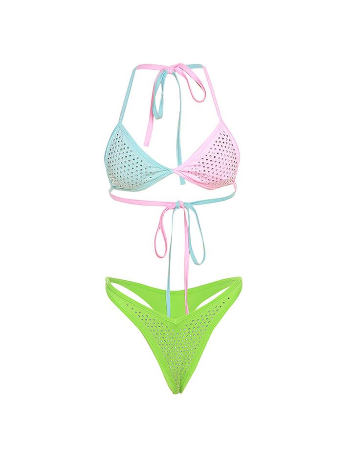 Halter Neck Strap Contrasting Color Hot Diamond   Bikini Two-piece Set