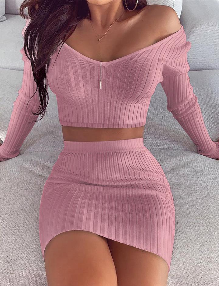 Long Sleeve Solid Color   Two-Piece Skirt Set