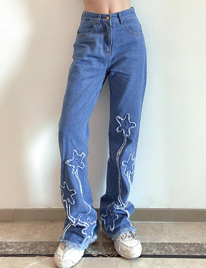 Star Patched Frayed Trim Flare Jeans