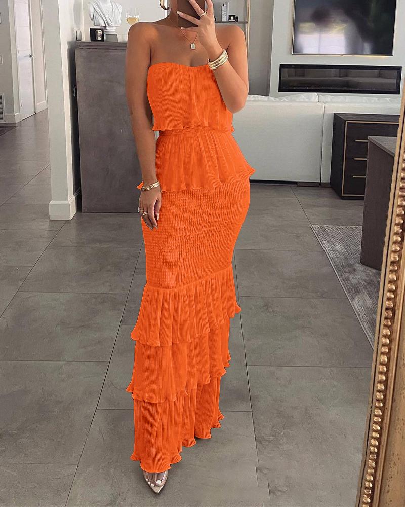 Holiday Style Strapless Long Dress with Pleated Ruffles