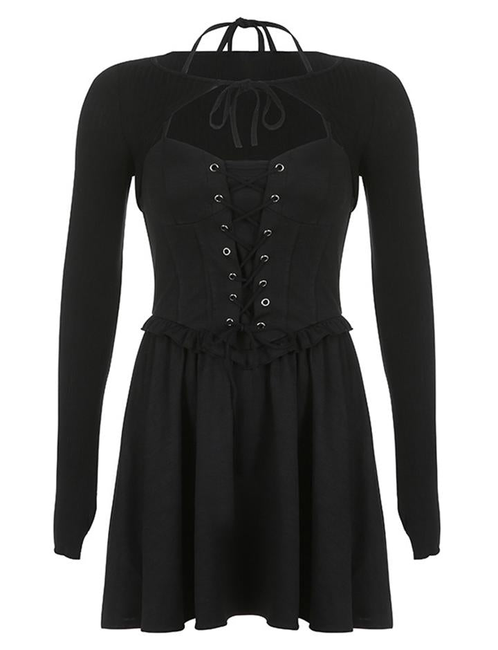 Waist Tie Long Sleeve Lace-Up Two-Piece Halter Black Dress