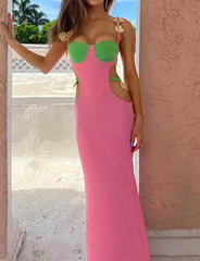 Metal Shell Decor Colorblock Cut-out Bodycon Maxi Dress