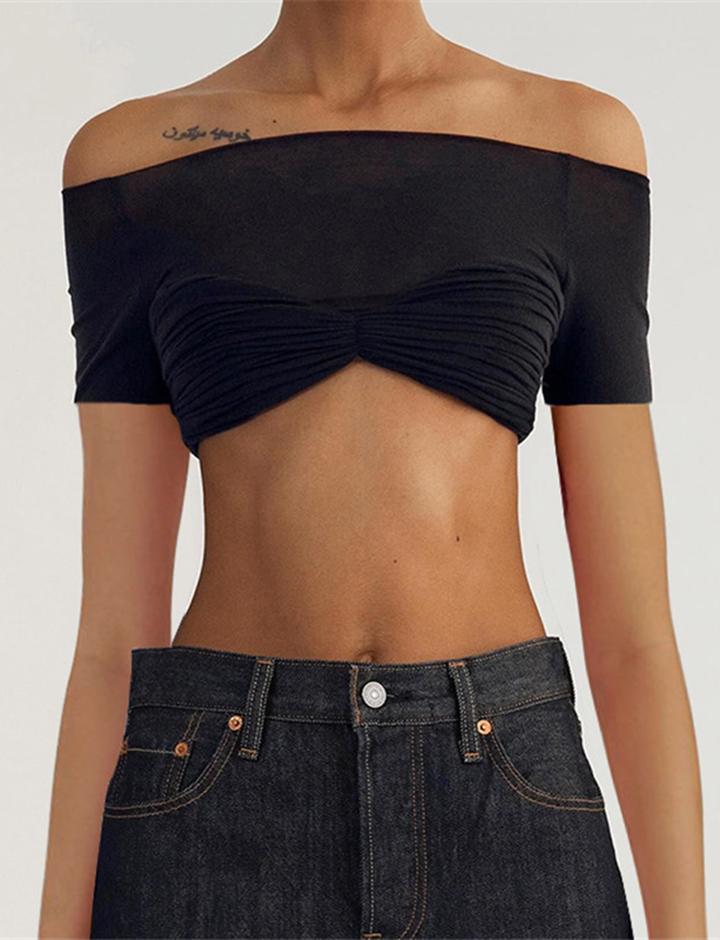 See-Through One-Shoulder Slim Short Navel T-Shirt