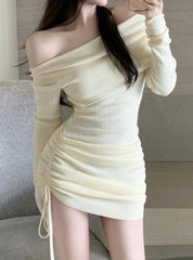 One Shoulder Drawstring Pleated Long Sleeve Bodycon Dress