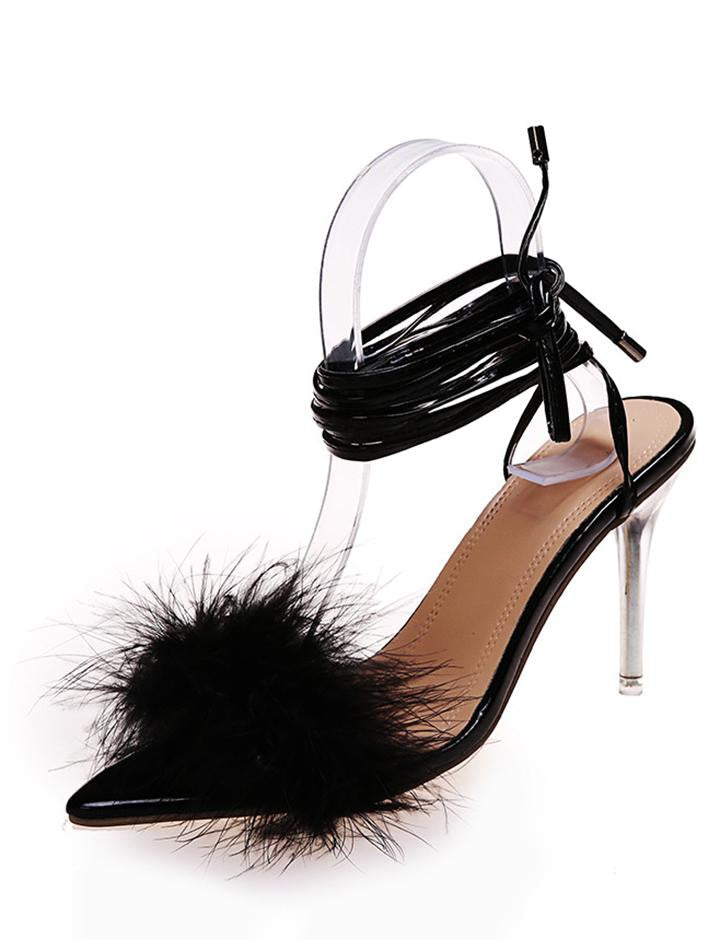 Faux Fur Trim Lace Up High Heeled Sandals