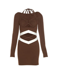 Solid Color Cross Waist Cutout Long Sleeve Dress