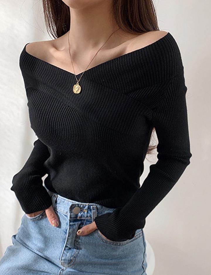 Knitted Off-shoulder Slim V-neck One-shoulder Sweater