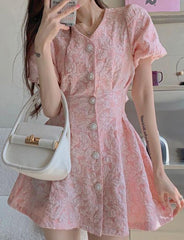 Jacquard Pearl Button Summer Princess Dress For Date