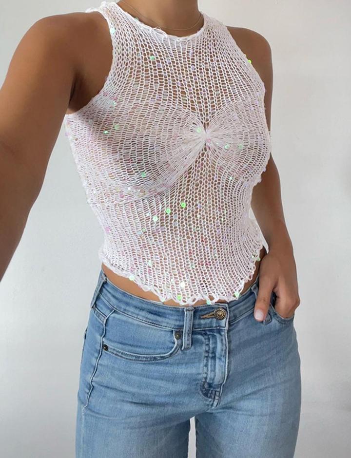 Sequins Crochet Hollow Out Tank Top For