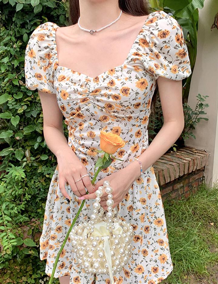 Gentle Style Chic Slim Puff Sleeve Summer Floral Short Dress