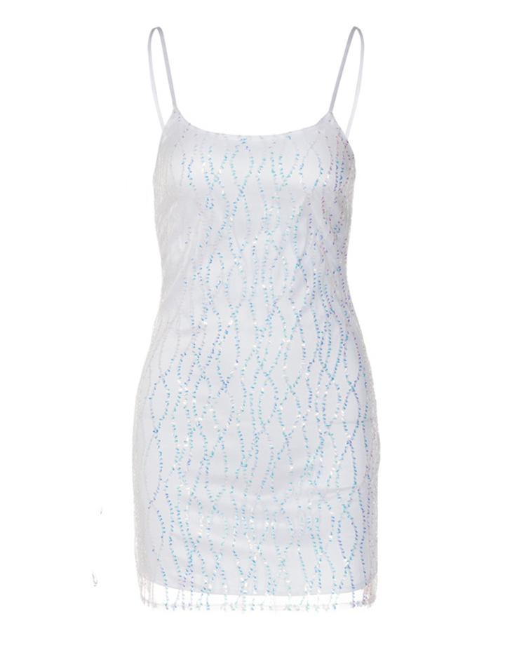 Sequin Mesh Suspender Slim White Dress Dress