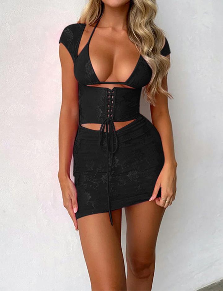 Sling Lace Triangle Cup Top Bandage Waist Skirt Set