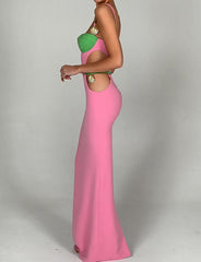 Metal Shell Decor Colorblock Cut-out Bodycon Maxi Dress