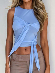 Solid Color Knot Front Tank Top For