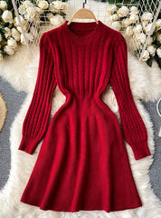 Knitted Chic Slim Twist Waist Long-sleeved Dress