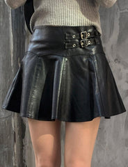 Metal Buckle Leather High Waist  A-line Pleated Skirt