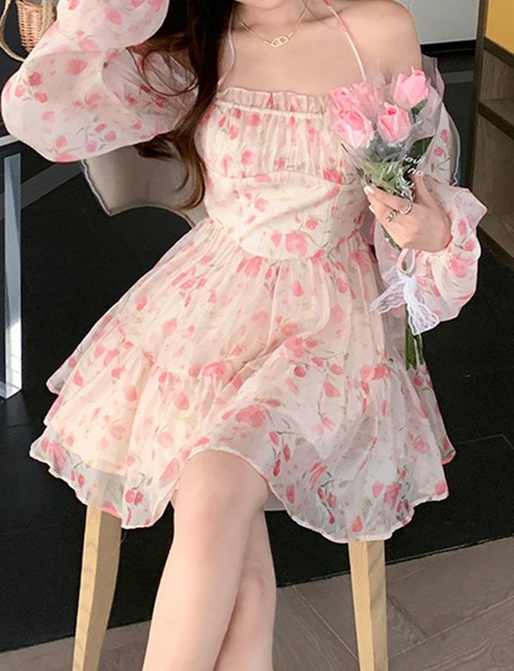 One Shoulder Puff Sleeve Square Neck Floral Dress