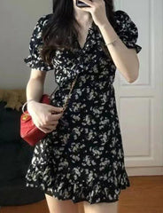 Black Sweet Desire Floral Puff Sleeve Waist Design Dress