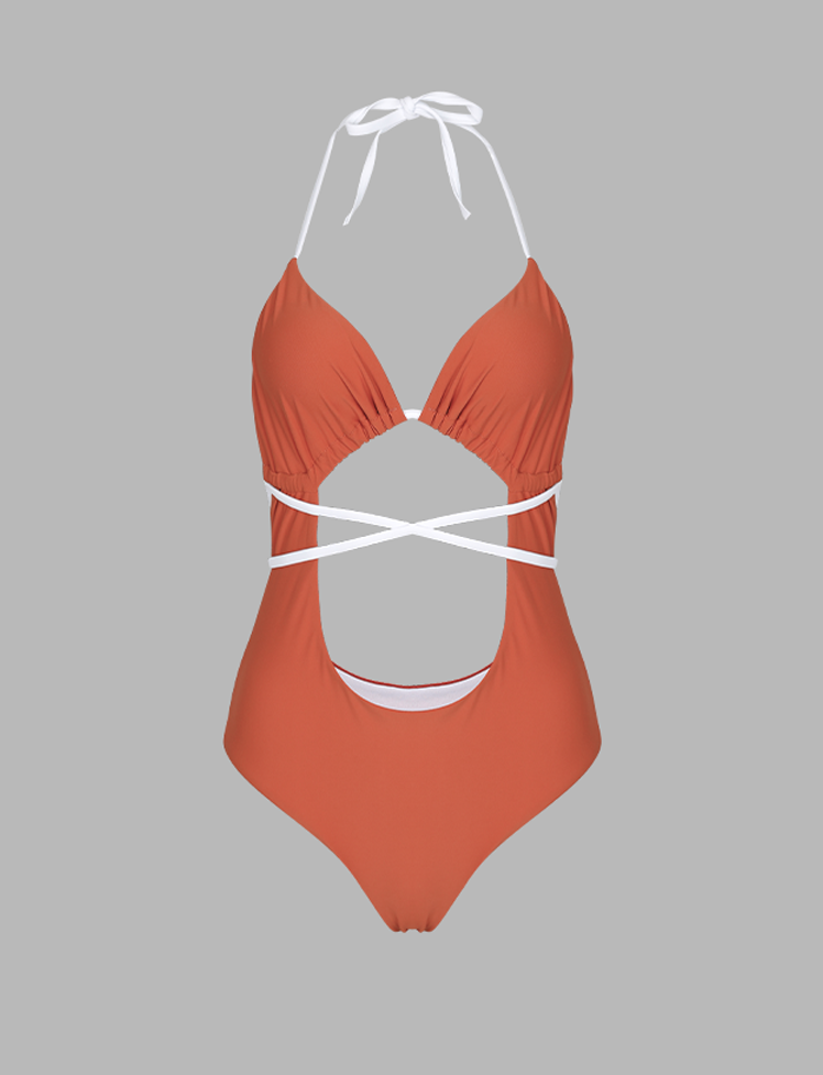 Orange Cutout One-Piece Tie Swimwear