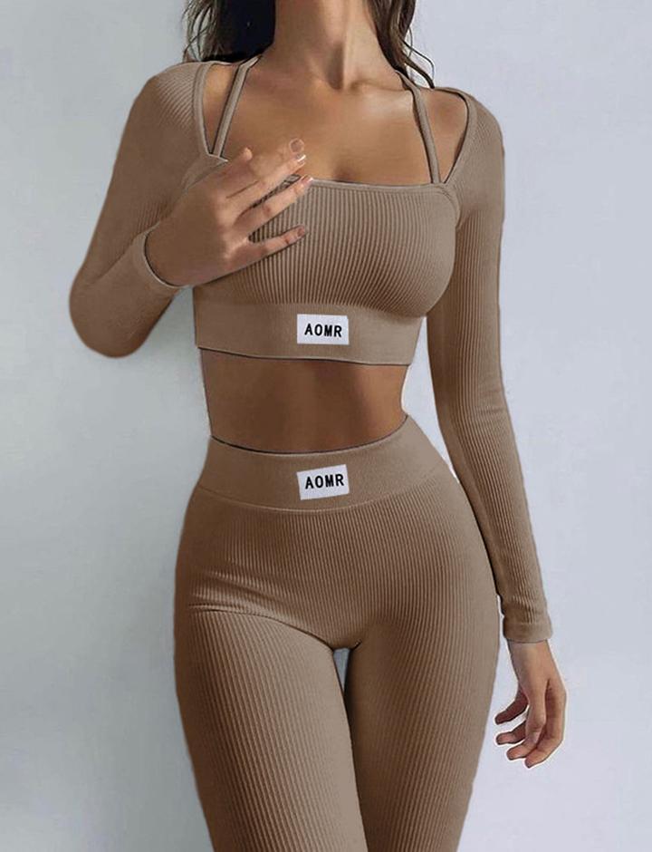 Knit Tight Tracksuit Long Sleeve Short Top Leggings Two Piece Sets