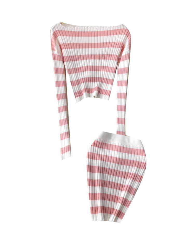 Striped Off-Shoulder Knit Two-Piece Skirt Set