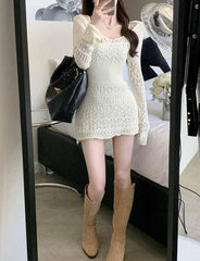 Hollow suspender knitted skirt two-piece sweater dress