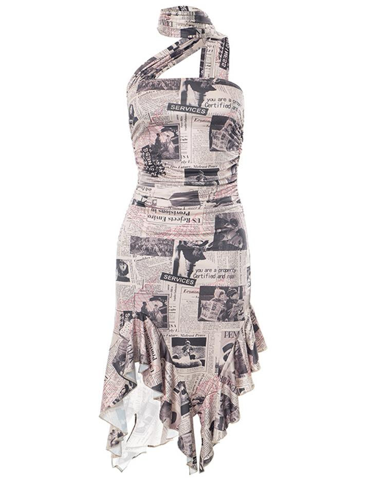 Sleeveless Casual  spaper Print Tie Halter Neck Wood Ear Trim Dress