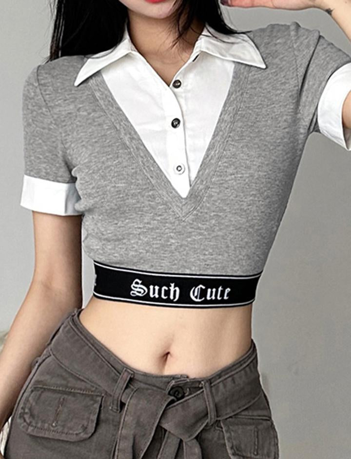 Preppy Letter Embroidered Webbing Faux Two-Piece Cropped T-Shirt