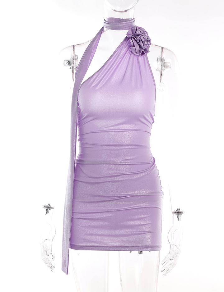 Slim Fit Solid Metallic Rose Halter Dress