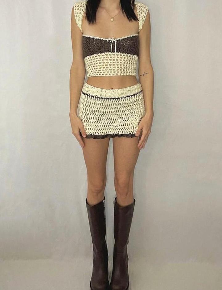 Sleeveless Vest Slit Skirt Summer Color Matching Knitted Two-piece Set