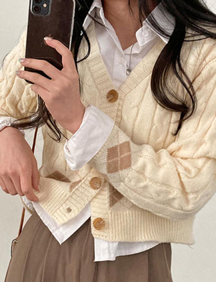 Apricot Check Twist Button Sweater Cardigan