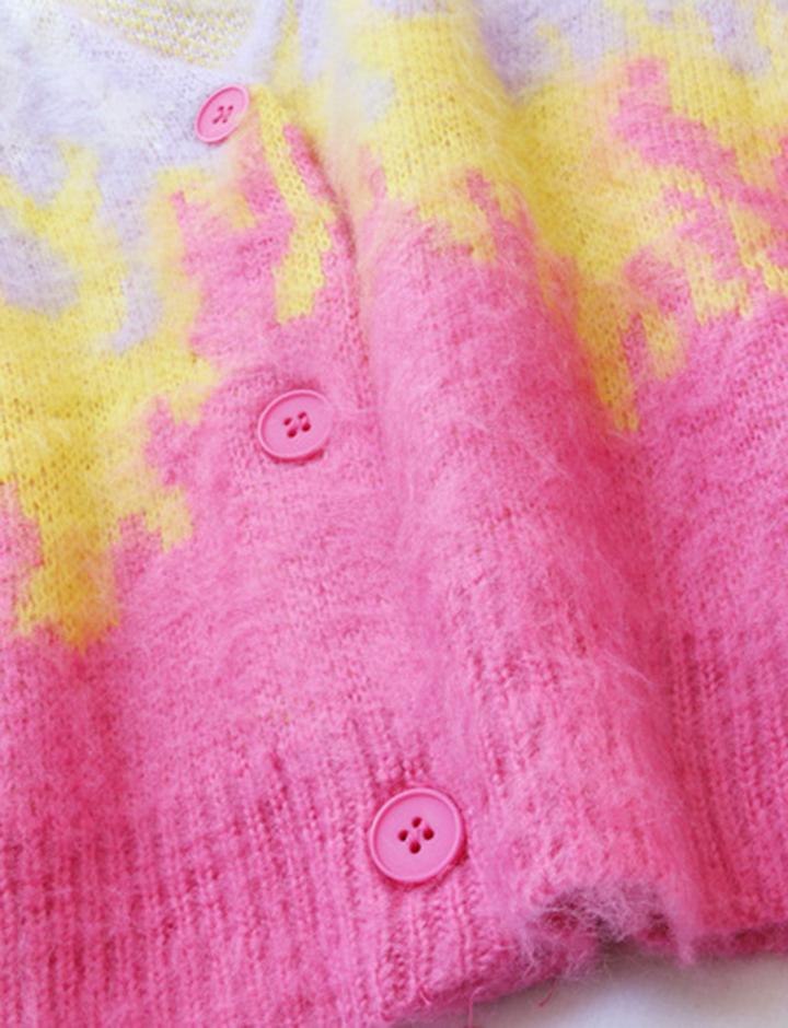 Pink and Purple Flame Button Knit Cardigan