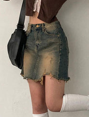 Retro High Waist Loose Irregular Raw Hem Denim Skirt