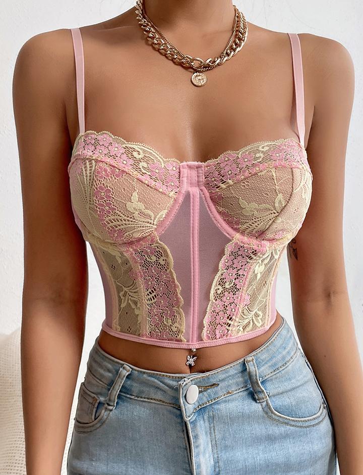Embroidered Contrast Color Camisole Underwire Herringbone Mesh Backless Vest