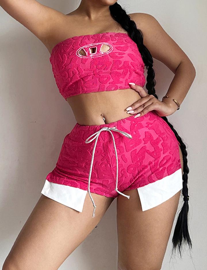 Tube Top D-line Hollow Short Vest Top High Waist Drawstring Printed Shorts Set