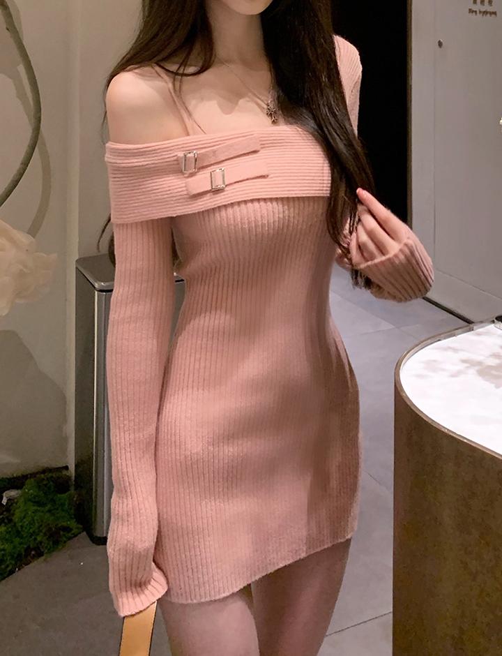 Knit Long Sleeve Off Shoulder Slim Dress